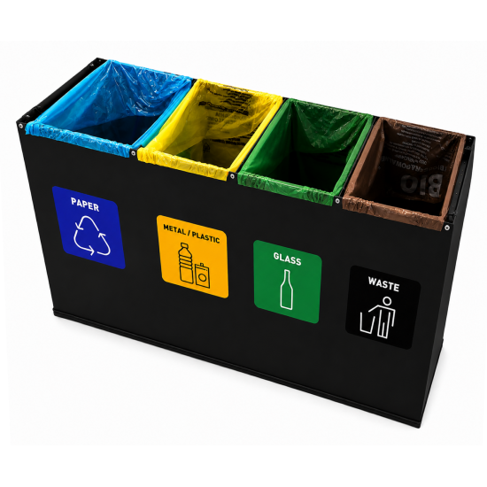 Coș de reciclare negru otel cu acoperire organica, cu 4 compartimente 4x60L – 240 litri Coș de reciclare negru otel cu acoperire organica, cu 4 compartimente 4x60L – 240 litri