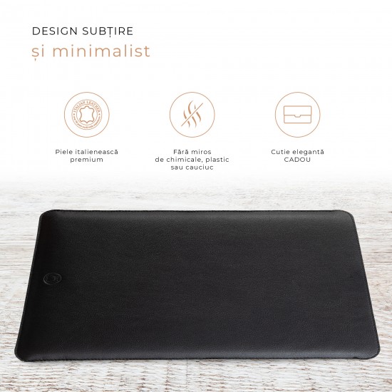 Husa laptop, MacBook 13 inch, UNIKA, piele PU cu lana din fibre naturale, negru