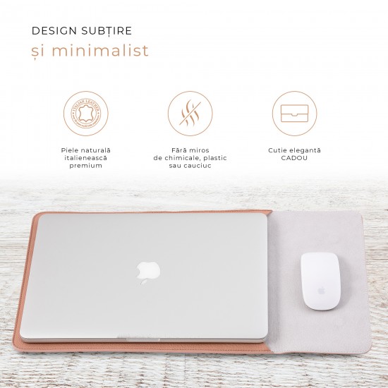 Husa laptop, MacBook 15 inch, piele naturala cu mouse pad, inchidere magnetica, margini vopsite manual, e-store, nude