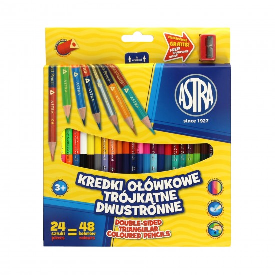 Creioane colorate, 24 buc/set, doua capete, 48 culori+ascutitoare, ASTRA