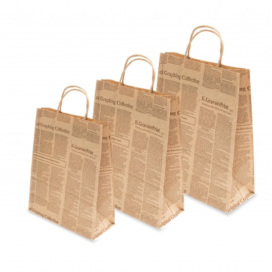 Set 100 bucati, Pungi din hartie de ziar, cu maner sfoara, 25x10x30 cm Set 100 bucati, Pungi din hartie de ziar, cu maner sfoara, 25x10x30 cm