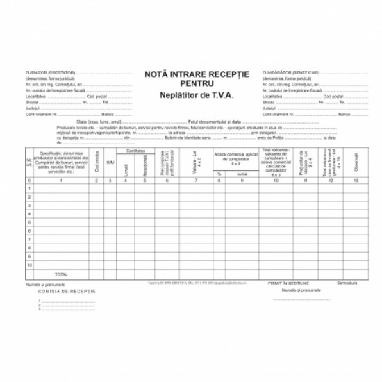 Nota de receptie fara tva si constatare de diferente