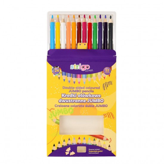 Creioane colorate duble, Strigo Jumbo, 12 bucati, 24 culori, triunghiulare, cu ascutitoare SSC355