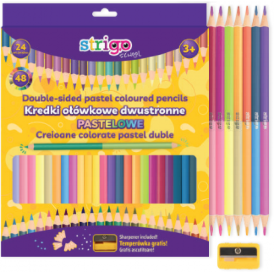 Creioane colorate duble, Strigo, 24 bucati, 48 culori Pastel, triunghiulare, cu ascutitoare SSC352