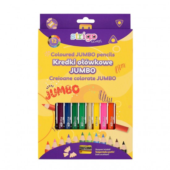 Creioane colorate Strigo Jumbo, triunghiulare, cu ascutitoare, 12 culori SSC353 Creioane colorate Strigo Jumbo, triunghiulare, cu ascutitoare, 12 culori SSC353