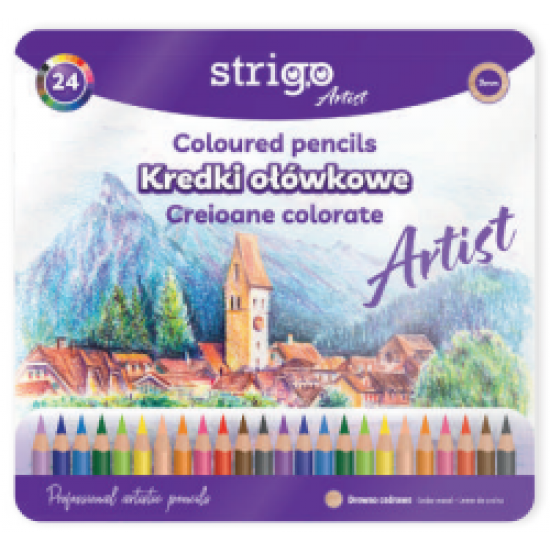 Creioane colorate Strigo, seria 'ARTIST', 24 culori, cutie metalica, lemn cedru SSC357