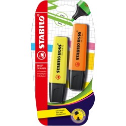 Textmarker Stabilo Boss Original, corp plastic in culoarea cernelei, varf retezat, 2-5 mm, galben, portocaliu, 2 bucati/blister Textmarker Stabilo Boss Original, corp plastic in culoarea cernelei, varf retezat, 2-5 mm, galben, portocaliu, 2 bucati/blister