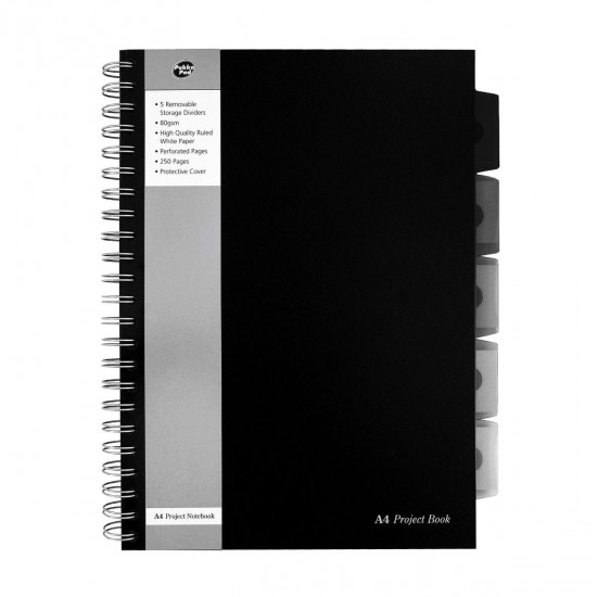 Caiet cu spirala si separatoare Pukka Pads Black Project Book A4 dictando, 250 pag, hartie premium 80 g, perforatii indosariere, coperti PP Caiet cu spirala si separatoare Pukka Pads Black Project Book A4 dictando, 250 pag, hartie premium 80 g, perforatii indosariere, coperti PP
