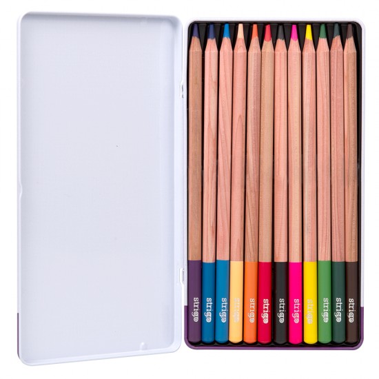 Creioane colorate Strigo, seria 'ARTIST', 12 culori, cutie metalica