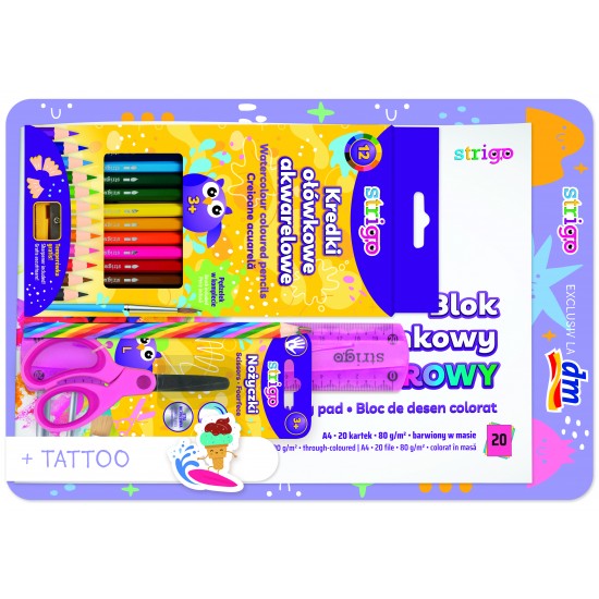 Set complet rechizite Blister (Bloc A4 multicolor, rigla, foarfeca, creion curcubeu, creioane colorate acuarela, ascutitoare, 12 Tatuaje)