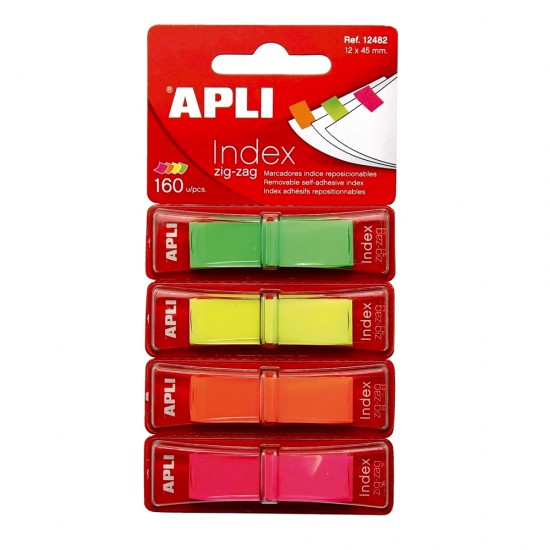 Index Apli ,autoadeziv zig-zag,  12 x 45 mm, 4 culori fluorescente (verde, galben, portocaliu, roz)