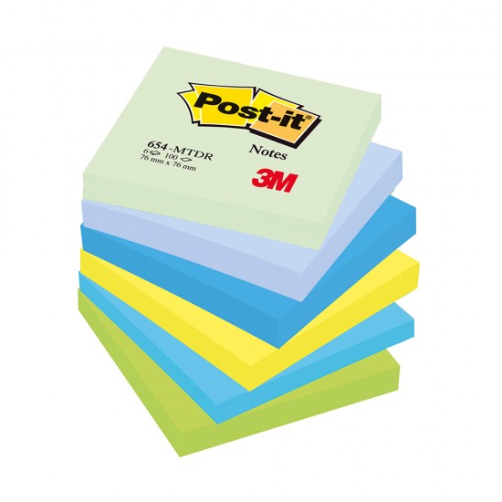 Notite adezive, Post-it, 76 x 76 mm, 100 file, 6 bucati/set, neon, verde, albastru, galben