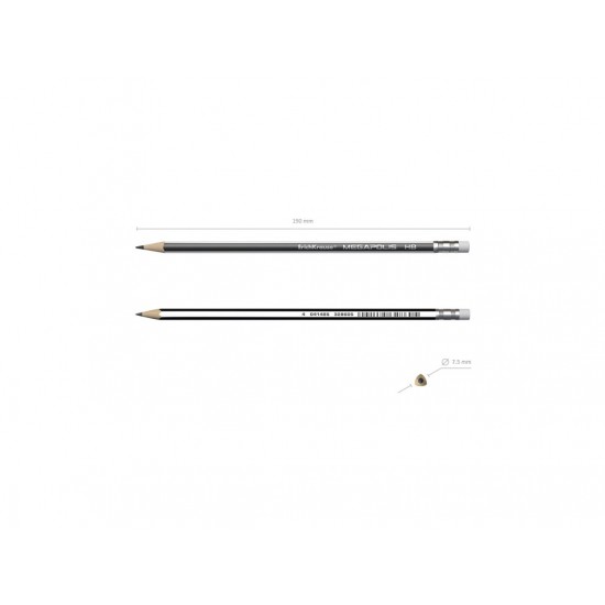 Creion triunghiular cu gumă Megapolis HB 3 buc/blister, Erich Krause