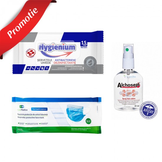 Pachet dezinfectare si protectie: 5 masti + pachet servetele dezinfectante + dezinfectant virucid spray Pachet dezinfectare si protectie: 5 masti + pachet servetele dezinfectante + dezinfectant virucid spray