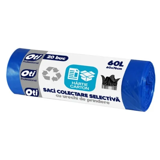 Saci menajeri albastrii, cu urechi, 60L, OTI, 20 buc./rola Saci menajeri albastrii, cu urechi, 60L, OTI, 20 buc./rola