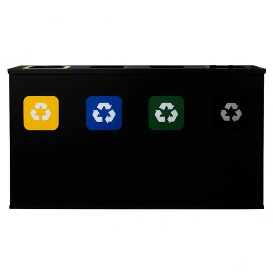 Coș de reciclare negru otel cu acoperire organica, cu 4 compartimente 4x60L – 240 litri