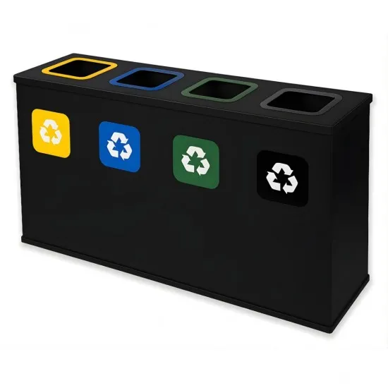 Coș de reciclare negru otel cu acoperire organica, cu 4 compartimente 4x60L – 240 litri