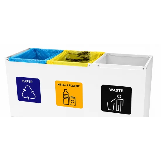 Coș de reciclare alb otel cu acoperire organica, cu 3 compartimente 3x60L – 180 litri Coș de reciclare alb otel cu acoperire organica, cu 3 compartimente 3x60L – 180 litri