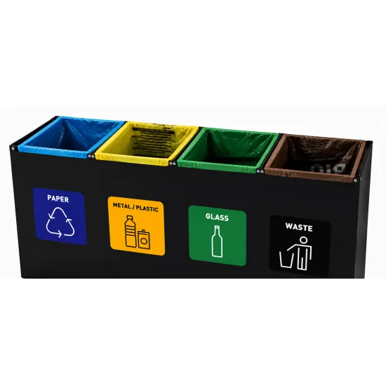 Coș de reciclare negru otel cu acoperire organica, cu 4 compartimente 4x60L – 240 litri