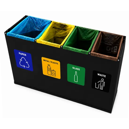 Coș de reciclare negru otel cu acoperire organica, cu 4 compartimente 4x60L – 240 litri