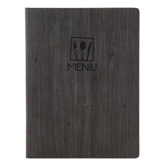 Mapa meniu A4+, Wood, piele PU interior/exterior, lavabila, negru
